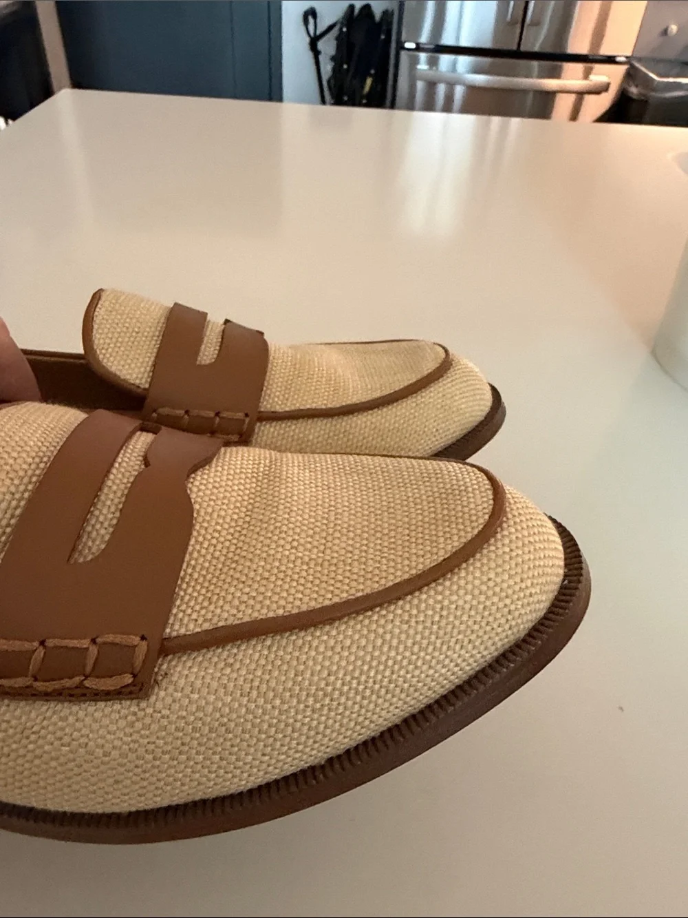 J. Crew Cream Canvas and Brown Leather Penny Loafers